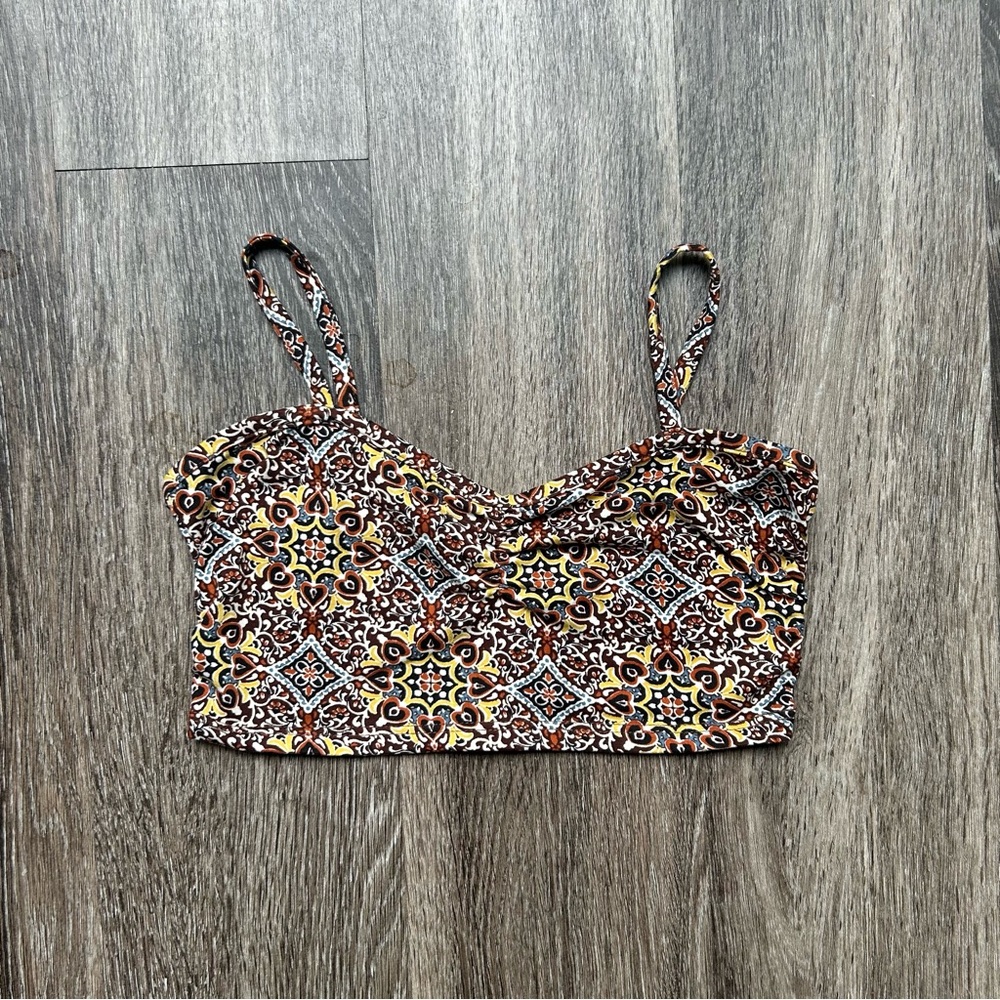 Printed Spaghetti Strap Crop Top - Brown Multi